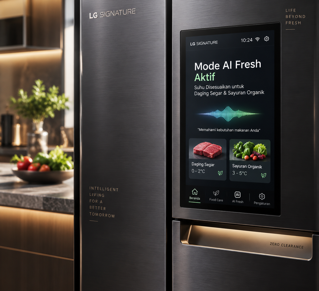 Resmi, LG Pamer 7 Inovasi AI di IFA 2026, Kulkas SIGNATURE Kini Bisa Diajak Ngobrol 3 Layar LCD 6,8 inci kulkas LG SIGNATURE menampilkan asisten suara percakapan natural berbasis LLM.
