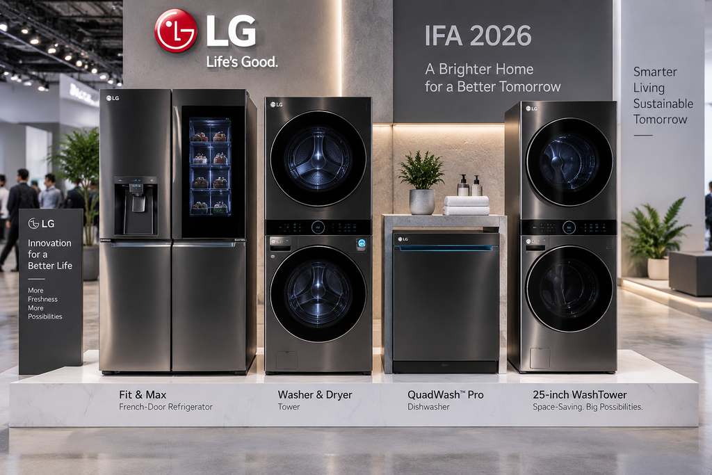 Resmi, LG Pamer 7 Inovasi AI di IFA 2026, Kulkas SIGNATURE Kini Bisa Diajak Ngobrol 4 Jajaran 7 inovasi peralatan rumah tangga pintar LG seri Fit & Max dan WashTower di pameran IFA 2026.