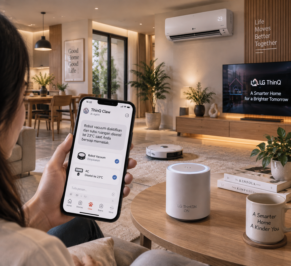 Resmi, LG Pamer 7 Inovasi AI di IFA 2026, Kulkas SIGNATURE Kini Bisa Diajak Ngobrol 5 Hub pintar LG ThinQ ON dan ponsel menampilkan antarmuka agen chat ThinQ Claw mengendalikan perangkat rumah tangga.