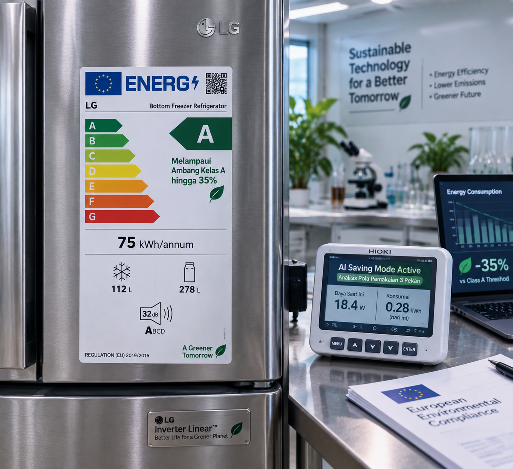 Resmi, LG Pamer 7 Inovasi AI di IFA 2026, Kulkas SIGNATURE Kini Bisa Diajak Ngobrol 6 Label efisiensi energi Kelas A Uni Eropa pada kulkas LG dengan mode AI Saving untuk memangkas konsumsi listrik.