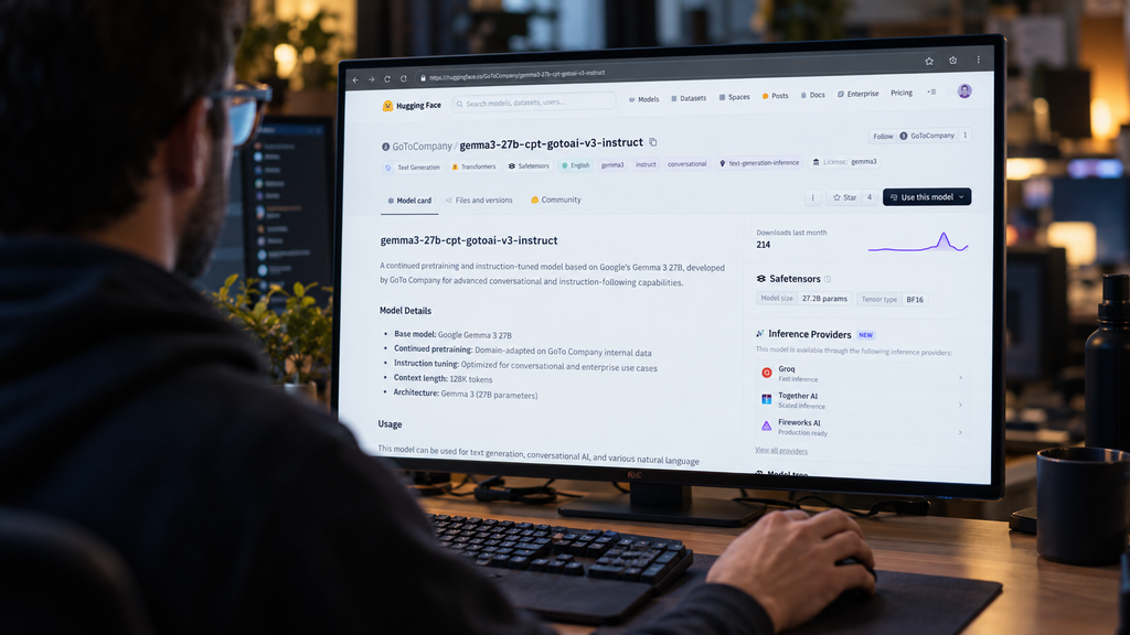 GoTo Resmi Rilis Model AI 27 Miliar Parameter yang Paham Bahasa Daerah 2 Layar monitor menampilkan halaman repositori model AI open-source GoTo di platform Hugging Face.