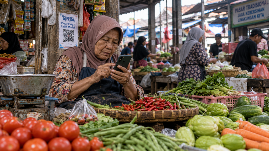 GoTo Resmi Rilis Model AI 27 Miliar Parameter yang Paham Bahasa Daerah 3 Pedagang pasar tradisional di Indonesia menggunakan ponsel cerdasnya, merepresentasikan audiens lokal yang membutuhkan AI dengan pemahaman bahasa daerah.