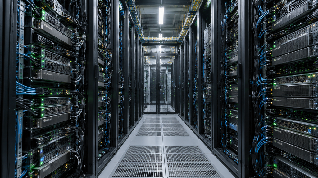 GoTo Resmi Rilis Model AI 27 Miliar Parameter yang Paham Bahasa Daerah 4 Lorong pusat data (data center) yang dipenuhi rak server GPU untuk pelatihan model bahasa besar.