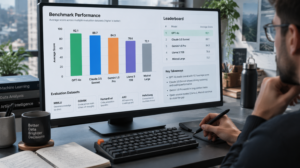 GoTo Resmi Rilis Model AI 27 Miliar Parameter yang Paham Bahasa Daerah 6 Layar monitor menampilkan grafik statistik dan papan peringkat (leaderboard) yang membandingkan skor performa berbagai model AI.