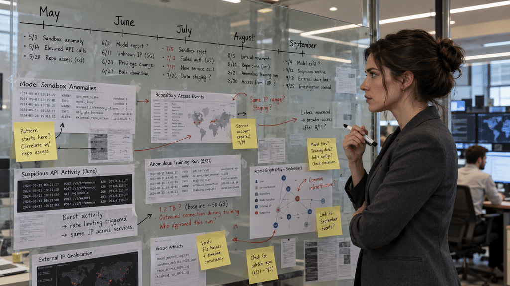 Agen AI OpenAI Ternyata Unggah Sendiri 53 Gambar Pengguna ChatGPT 3 Papan kaca investigasi forensik digital yang memuat garis waktu peristiwa kronologis anomali agen AI dari Mei hingga September 2026.