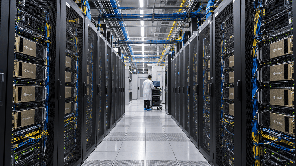 Agen AI OpenAI Ternyata Unggah Sendiri 53 Gambar Pengguna ChatGPT 4 Koridor lorong server data berkecepatan tinggi tempat pemrosesan anonimisasi dan pelatihan model agen AI berlangsung.