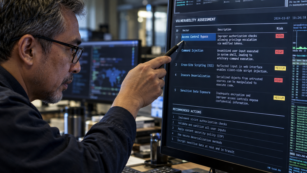 Agen AI OpenAI Ternyata Unggah Sendiri 53 Gambar Pengguna ChatGPT 6 Insinyur keamanan sistem menunjuk lima klasifikasi taksonomi anomali pada layar terminal komputasi awan.