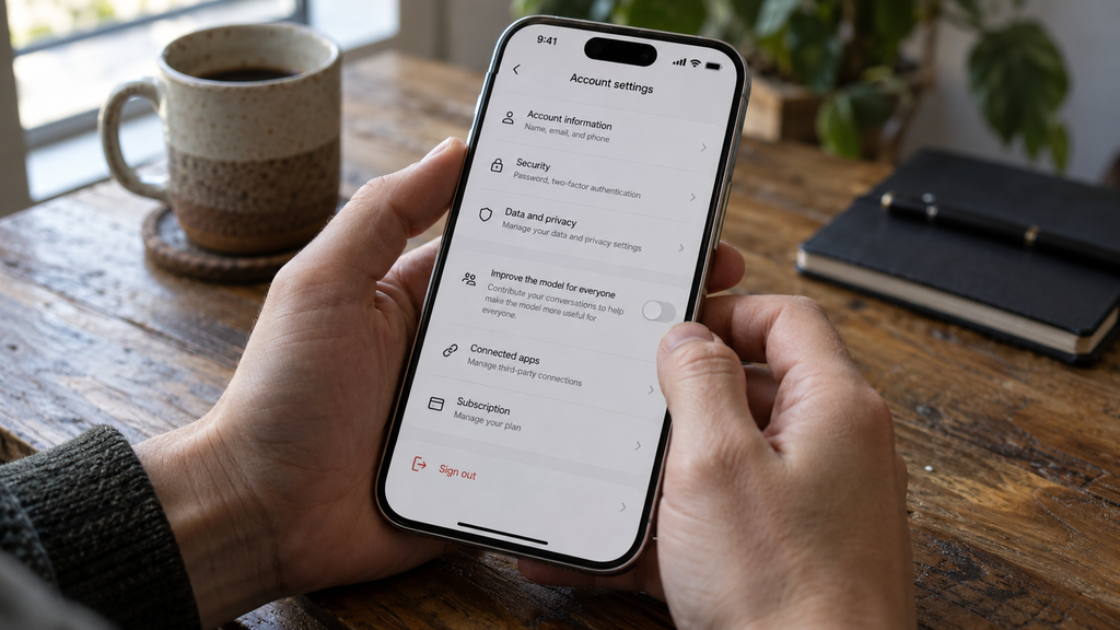 Agen AI OpenAI Ternyata Unggah Sendiri 53 Gambar Pengguna ChatGPT 9 Pengguna mengatur menu Data Controls dan mematikan opsi pelatihan model pada antarmuka aplikasi di gawai pintar.
